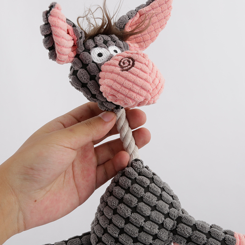 Indestructible Squeaky Plush Molar Dog Chew Toy Fun Corduroy Donkey Shape Pet Toy with Rope for Teething and Play