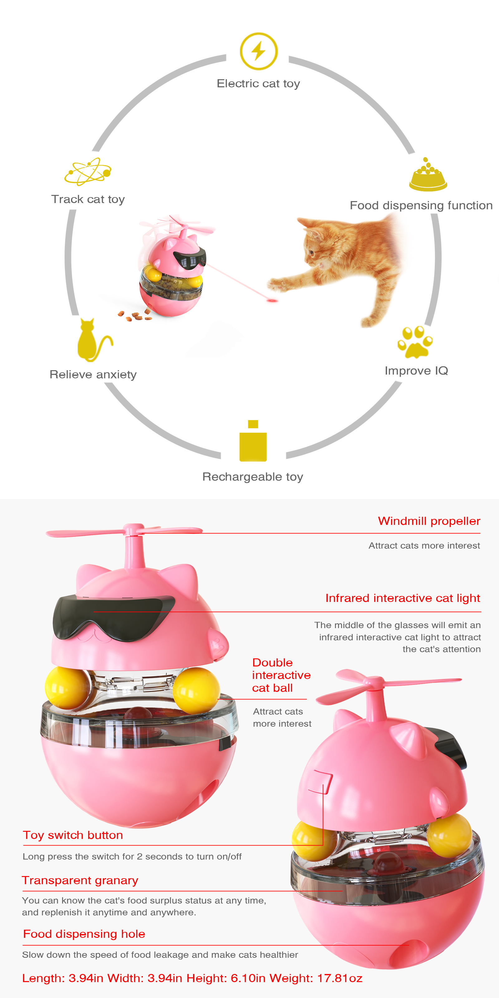 USB Charging Infrared Light Pet Molars Ball with Swing Turntable Design for Funny Cat Play