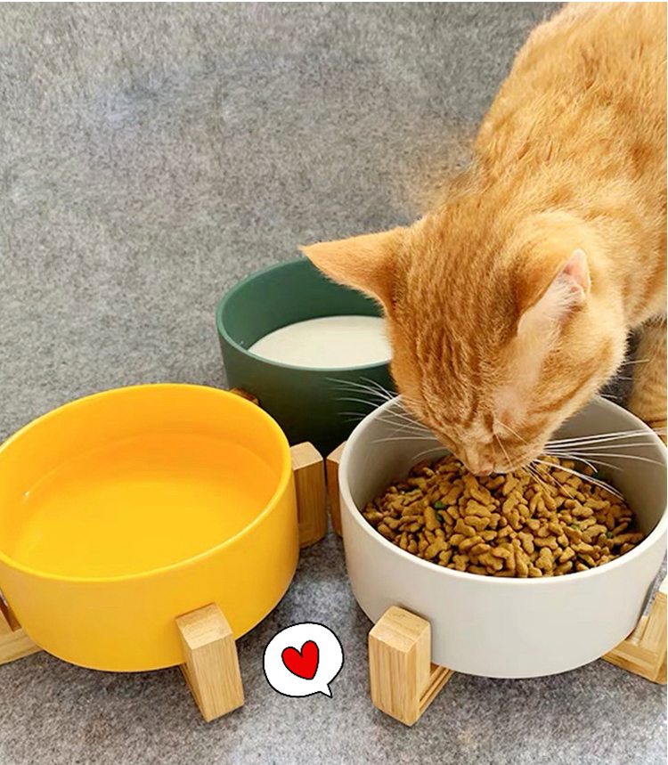 Lanfengye Pet Bowl  Service Matted Elevated Ceramic Bowl Feeder with Wooden Cat Dog Bowl