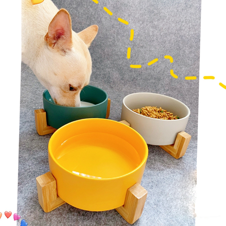 Lanfengye Pet Bowl  Service Matted Elevated Ceramic Bowl Feeder with Wooden Cat Dog Bowl