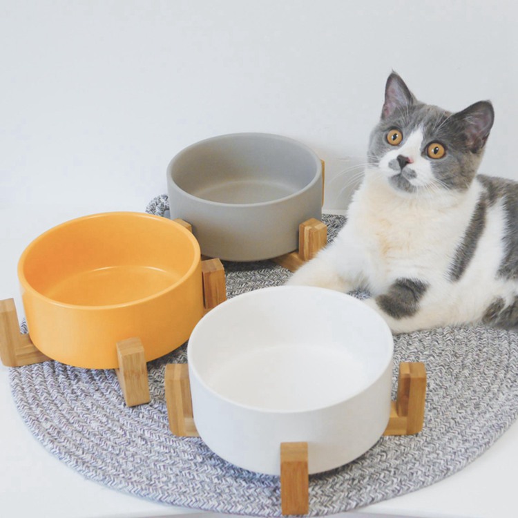 Lanfengye Pet Bowl  Service Matted Elevated Ceramic Bowl Feeder with Wooden Cat Dog Bowl