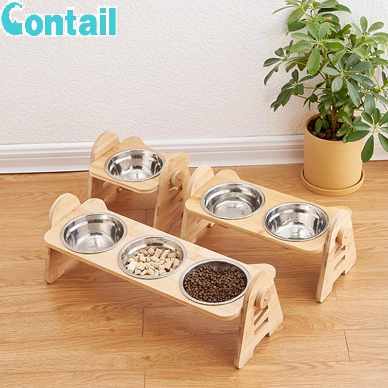 Elevated Dog Cat Food and Water Bowls, Adjustable Bamboo Stand Feeder Pet Bowls & Feeders with 1 / 2 Stainless Steel