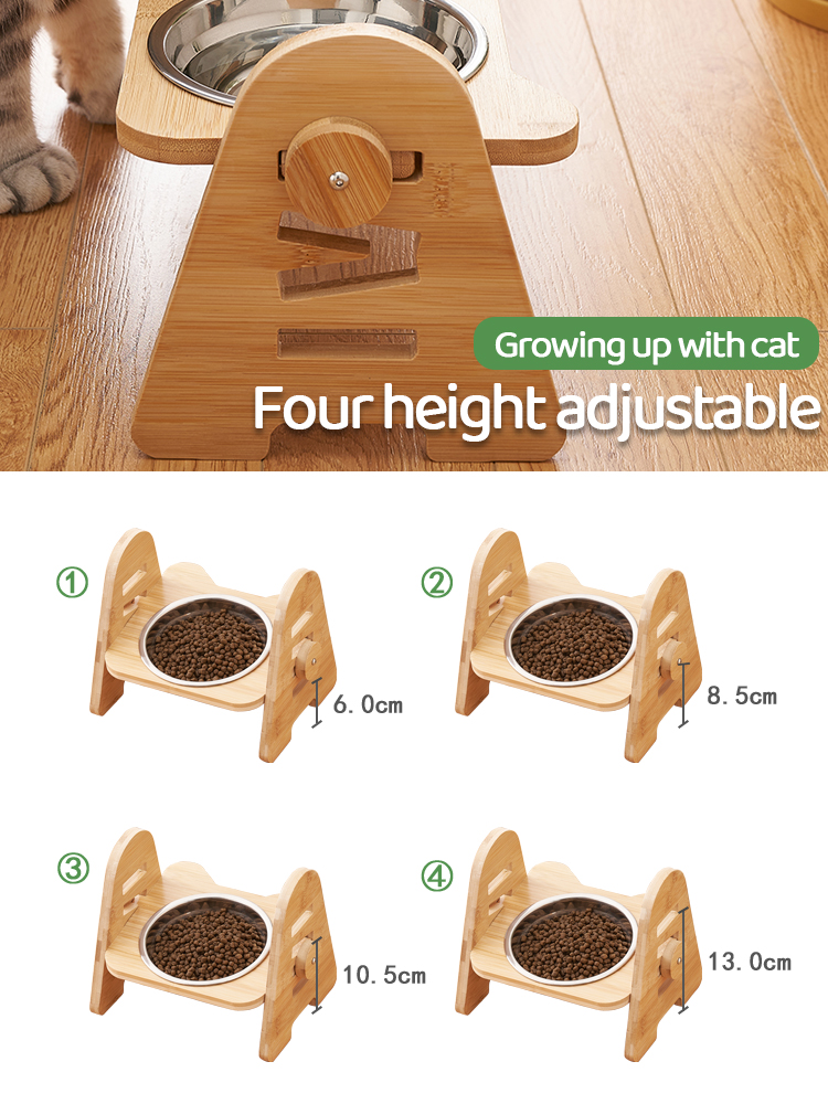 Elevated Dog Cat Food and Water Bowls, Adjustable Bamboo Stand Feeder Pet Bowls & Feeders with 1 / 2 Stainless Steel