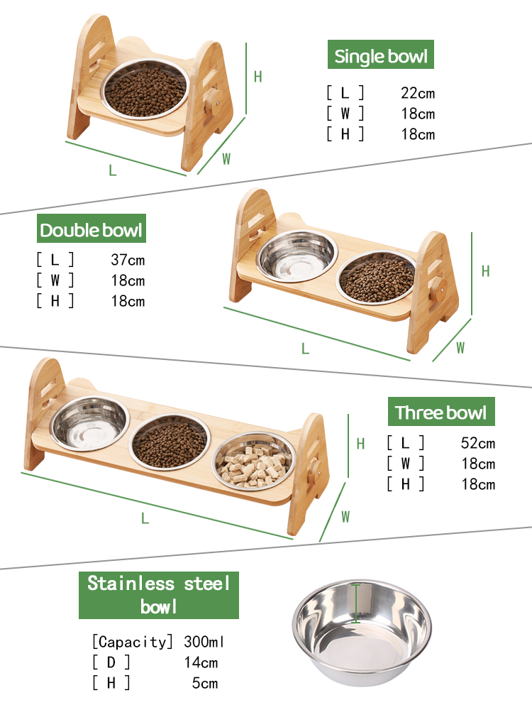 Elevated Dog Cat Food and Water Bowls, Adjustable Bamboo Stand Feeder Pet Bowls & Feeders with 1 / 2 Stainless Steel