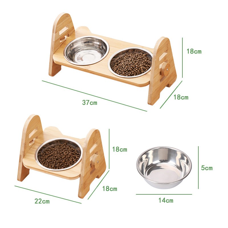 Elevated Dog Cat Food and Water Bowls, Adjustable Bamboo Stand Feeder Pet Bowls & Feeders with 1 / 2 Stainless Steel