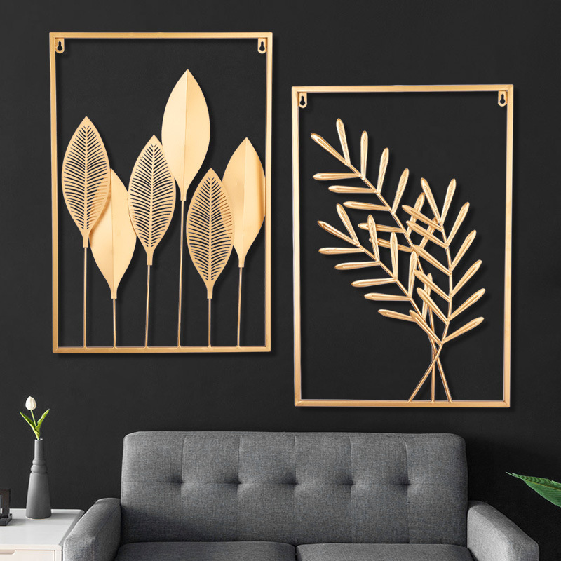 Dropshipping Interior 3d Luxury Hanging Gold Leaves Home Art Framed Metal Wall Decor for Living Room