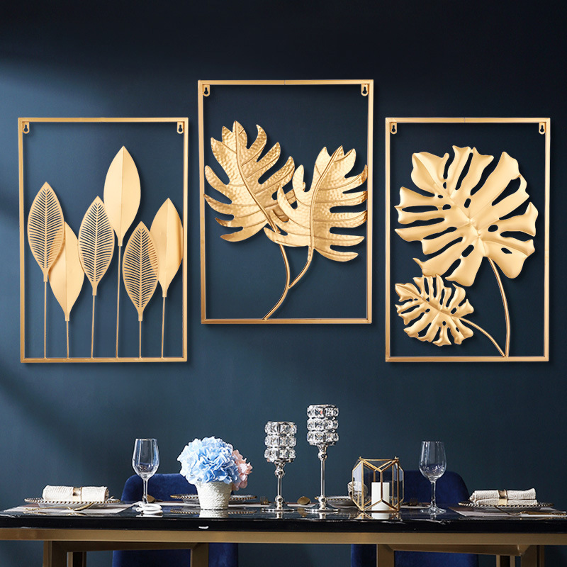 Dropshipping Interior 3d Luxury Hanging Gold Leaves Home Art Framed Metal Wall Decor for Living Room