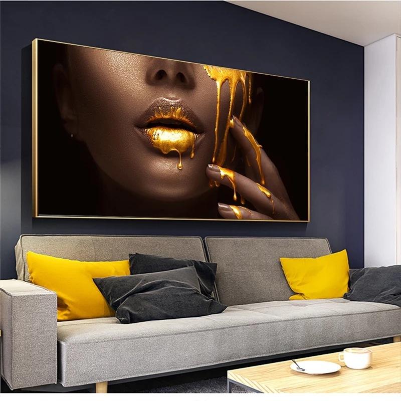 Sexy Lip Black African Woman Painting Wall Art Gold Modern ised Printed Canvas UV Printing Decorative Painting Por