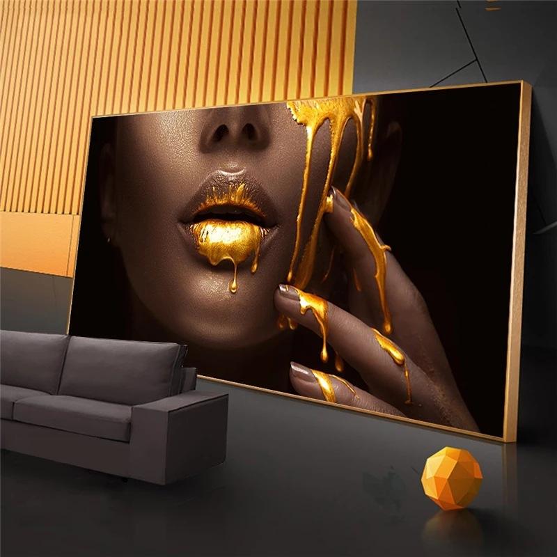 Sexy Lip Black African Woman Painting Wall Art Gold Modern ised Printed Canvas UV Printing Decorative Painting Por