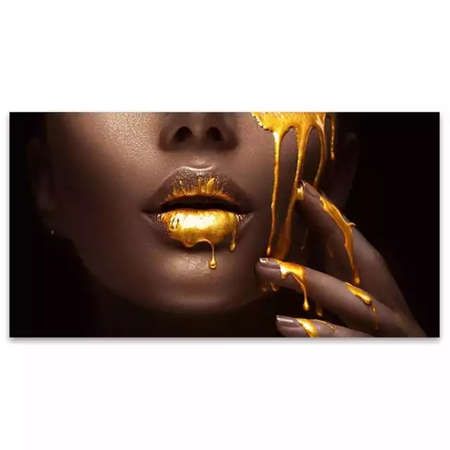 Sexy Lip Black African Woman Painting Wall Art Gold Modern ised Printed Canvas UV Printing Decorative Painting Por