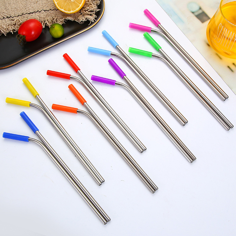 Eco Friendly Portable Bag 5pcs Stainless Steel Straws Metal Straw Set with Silicone Tips Straw Brush