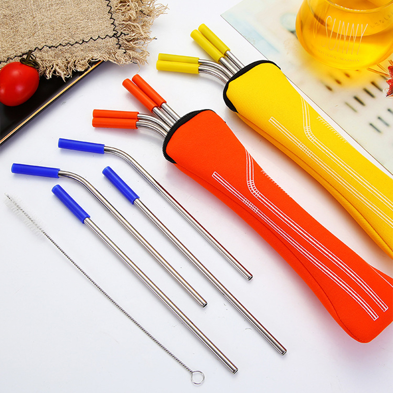 Eco Friendly Portable Bag 5pcs Stainless Steel Straws Metal Straw Set with Silicone Tips Straw Brush