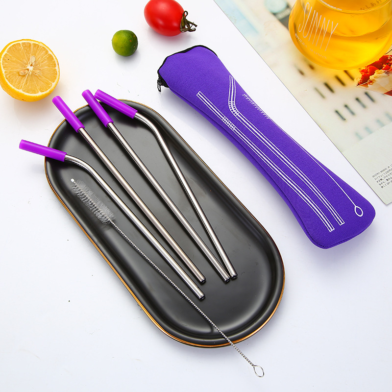 Eco Friendly Portable Bag 5pcs Stainless Steel Straws Metal Straw Set with Silicone Tips Straw Brush