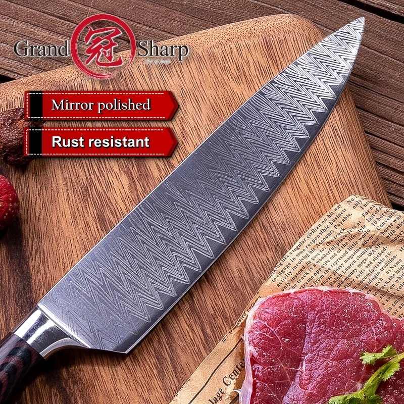 hot sale 8 Inch High Carbon 7Cr17 Stainless Steel Cooking Tools kitchenware Knife Laser Pattern best kitchen Chef knives
