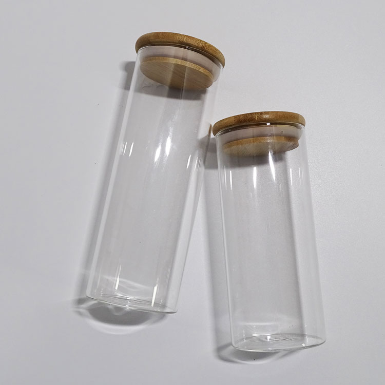 Heat resistant clear round glassware airtight sealed  size kitchen food large 1000ml containers wood lid glass jar stora