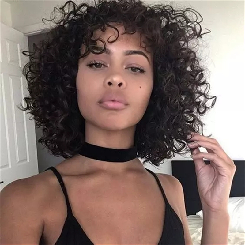 Women Natural African Wig Small Roll High Temperature Silk Headgear Fluffy Short Curly Hair Wigs  HD Full Lace 