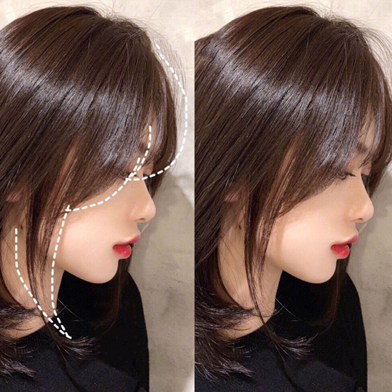 Wig women's medium and long air bangs whole top full head cover short straight hair wig