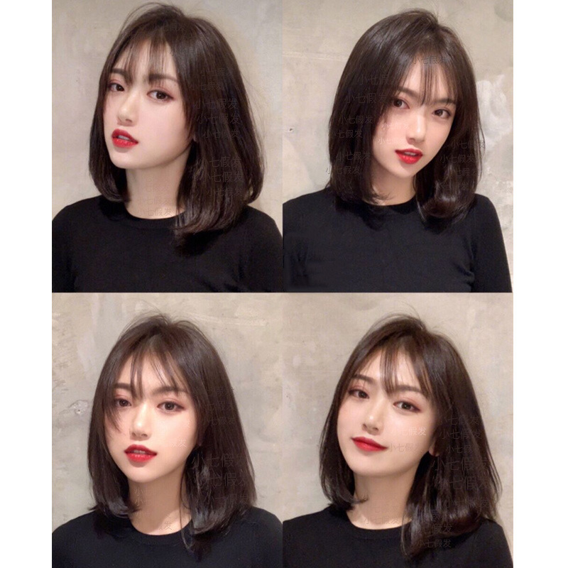 Wig women's medium and long air bangs whole top full head cover short straight hair wig