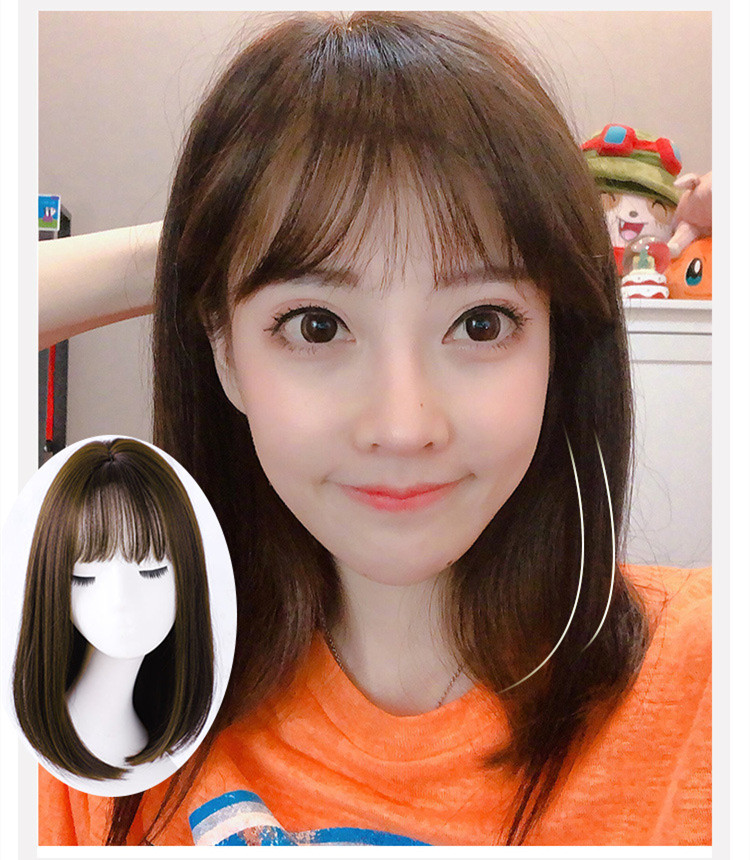 Wig women's medium and long air bangs whole top full head cover short straight hair wig