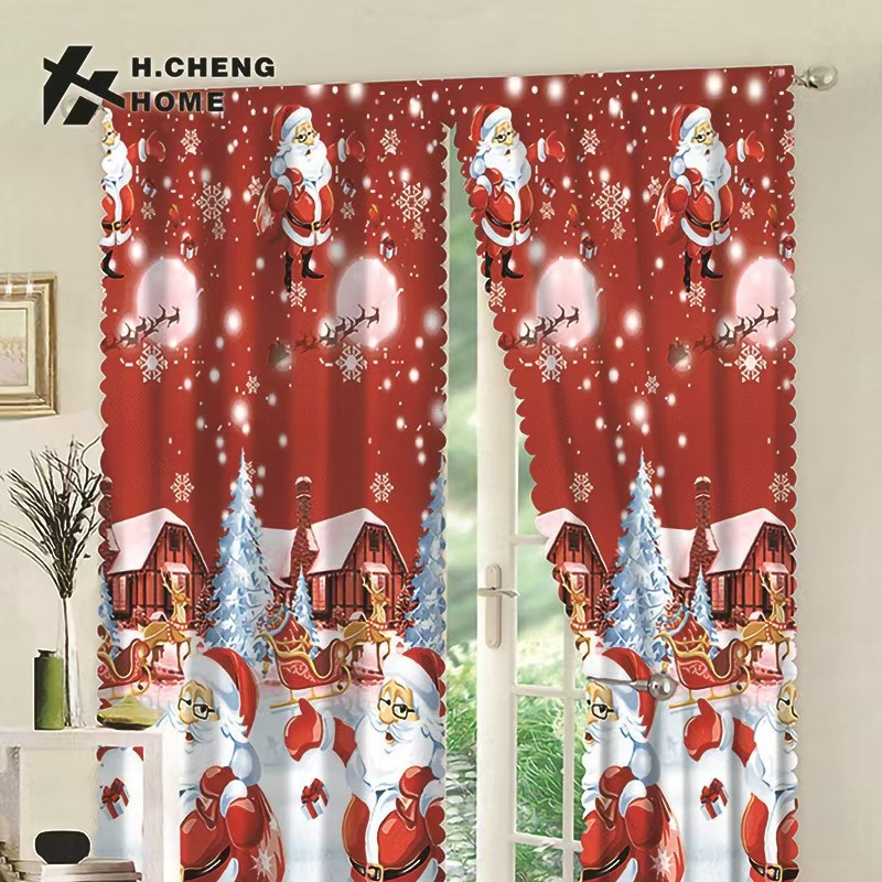 Christmas Theme Hot Sale Popular 100% Polyester Santa Claus Red Curtain Fabric Cloth Window Curtains 