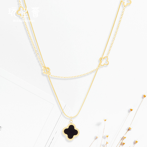  titanium steel women double layered hollow out flower pendant necklace