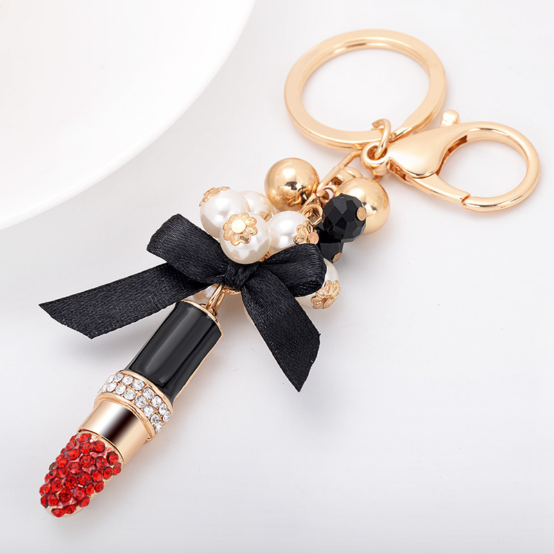 Fashion Designed Vintage Black Bowknot Pearl Keychain Red Rhinestone Lipstick Pendant Key Chain