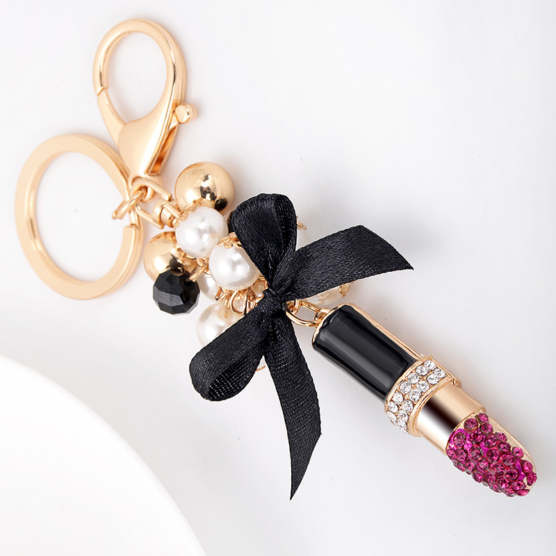 Fashion Designed Vintage Black Bowknot Pearl Keychain Red Rhinestone Lipstick Pendant Key Chain