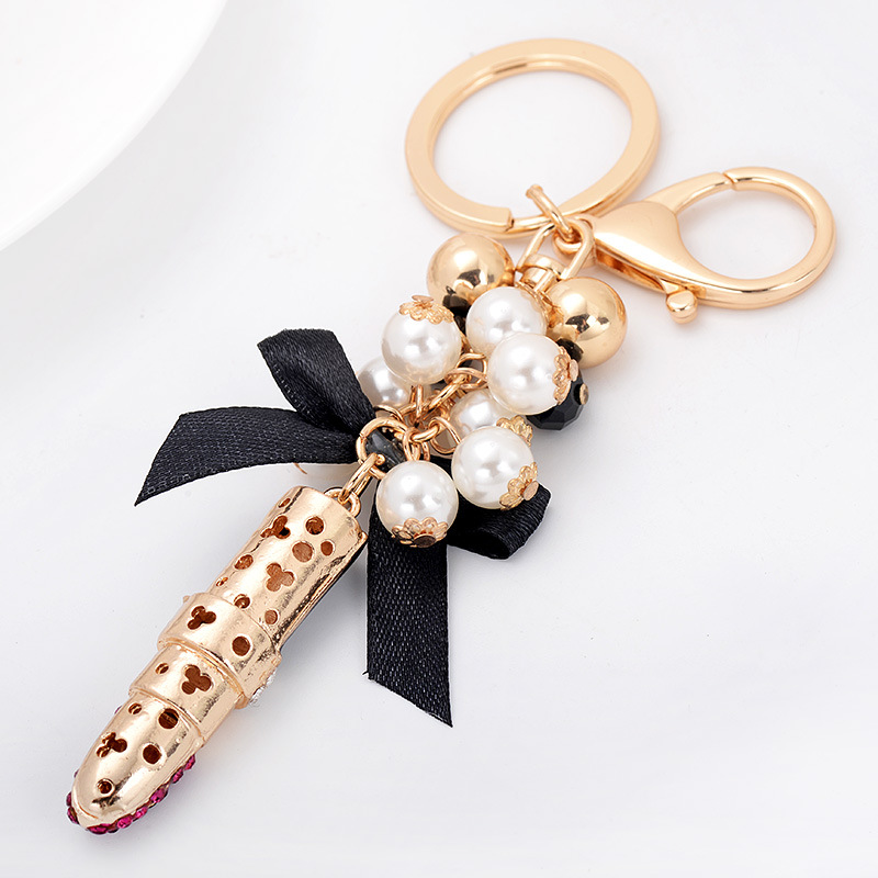 Fashion Designed Vintage Black Bowknot Pearl Keychain Red Rhinestone Lipstick Pendant Key Chain