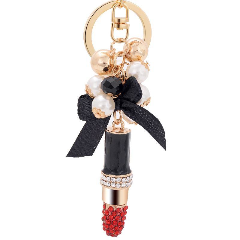 Fashion Designed Vintage Black Bowknot Pearl Keychain Red Rhinestone Lipstick Pendant Key Chain