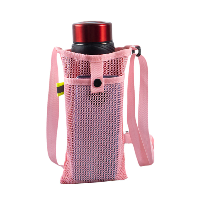 1PC Mesh Water Bottle Bag With Adjustable Shoulder Strap Portable Sling Travel Cup Storage Bag 