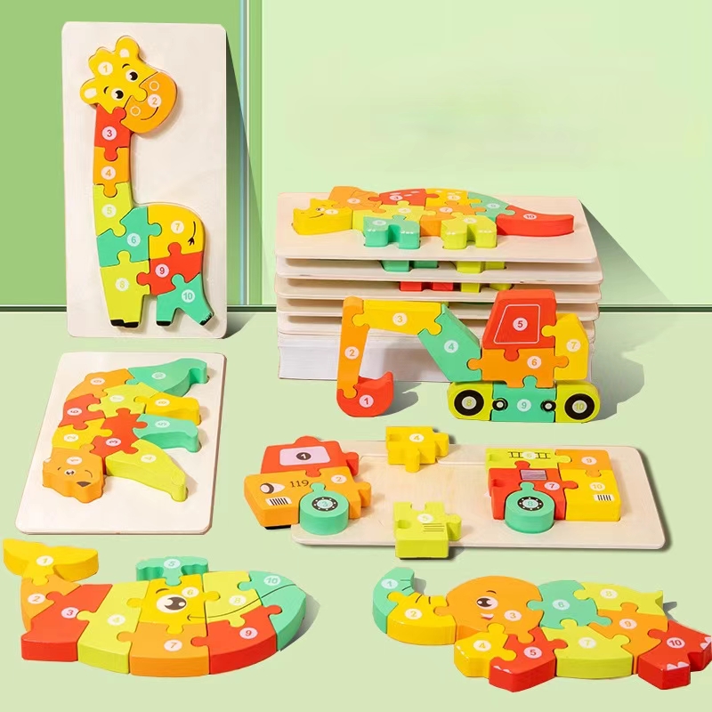 Wooden Cartoon Animal Digital Version 3D Puzzle Toy