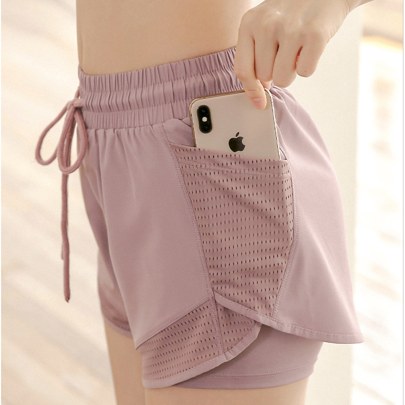 Breathable Women Fitness Gym Yoga Booty Biker Drawstring Waist Sports Shorts With Phone Pocket