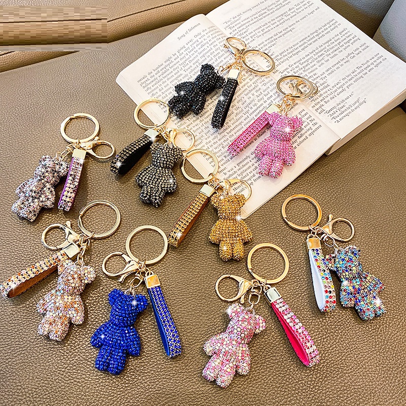 Cute Bear Rhinestones Key Chain Crystal Diamond Key Ring Bag Charms Designer Bling Key Chain