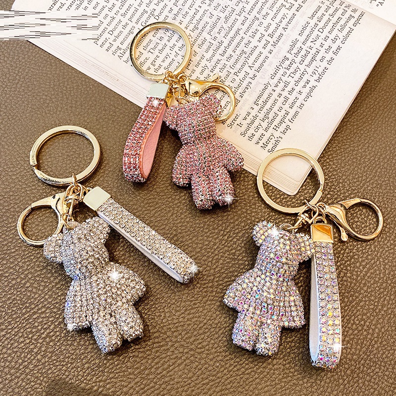 Cute Bear Rhinestones Key Chain Crystal Diamond Key Ring Bag Charms Designer Bling Key Chain