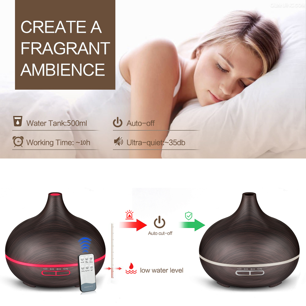 2023 Hot Sale Ultrasonic Air Humidifier 500ml Wood Grain Electric Essential Oil Aroma Diffuser With Remote Control