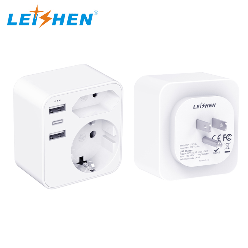 Adapter USA Germany Plug with 3USB 1USB C 3.4A, 2 Socket 6-in-1 USA plug to EU Socket, Travel Adapter Type B Socket