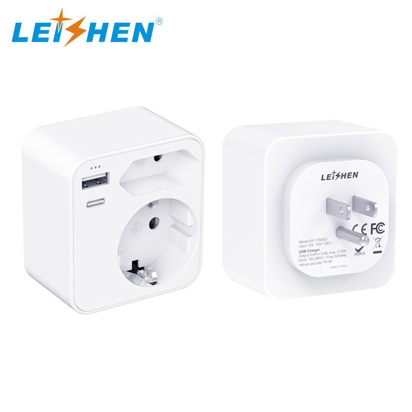 Adapter USA Germany Plug with 3USB 1USB C 3.4A, 2 Socket 6-in-1 USA plug to EU Socket, Travel Adapter Type B Socket