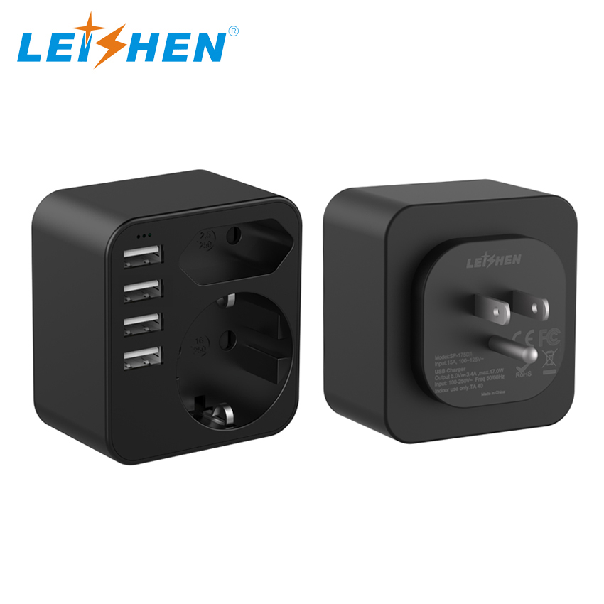 Adapter USA Germany Plug with 3USB 1USB C 3.4A, 2 Socket 6-in-1 USA plug to EU Socket, Travel Adapter Type B Socket