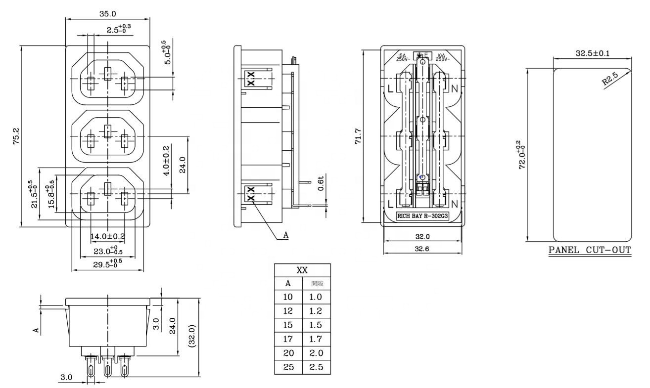PDU  Snap-in AC power 3 gang outlet C13 socket