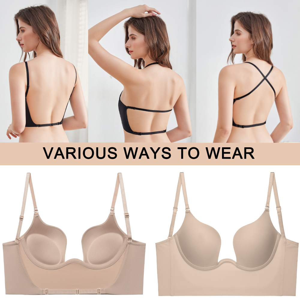 Push Up Bra Backless Women Bras Low Cut Sexy Plunge Brassiere Open Back Wedding Underwear Invisible Seamless Deep U Ling