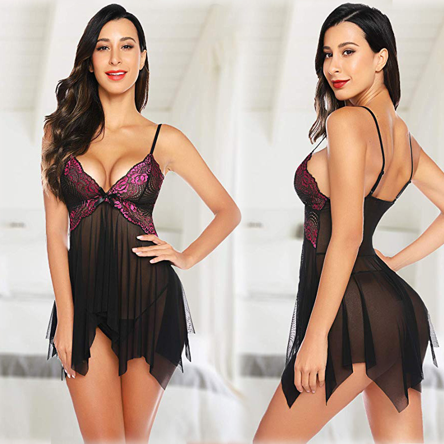 Dropshiping Lingerie for Women Front Closure Babydoll Lace Chemise V Neck Mesh Sexy Babydoll Satin Femme Women Lingerie