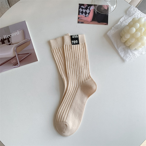 Solid Color Cotton Crew Slouch Embroidery Women Cute Ladies Socks Hosiery