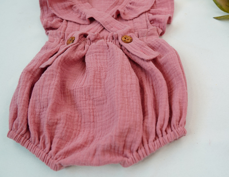 100% Cotton Baby Girl Clothes Summer Double Gauze Baby Ruffle Romper Jumpsuit with Headband Dusty Pink Playsuit For Infa