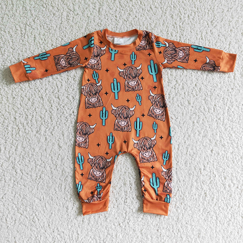 Baby Boy Western Highland Cow Romper Brown Long Sleeve Cactus Bodysuit Snap Botton Jumpsuit Kids Toddler One-piece Cloth
