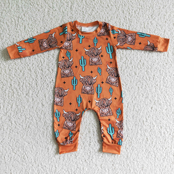 Baby Boy Western Highland Cow Romper Brown Long Sleeve Cactus Bodysuit Snap Botton Jumpsuit Kids Toddler One-piece Cloth