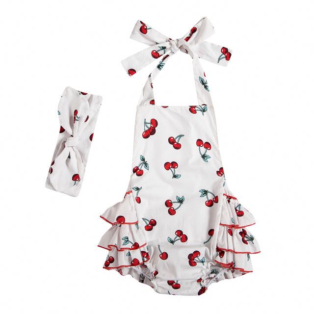 Cute Sleeveless Halter Bodysuit for Baby Girls Summer Jumpsuit Romper with Headband, Cotton Infant Outfit