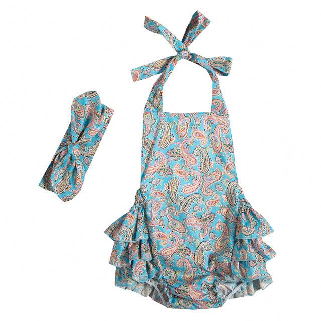 Cute Sleeveless Halter Bodysuit for Baby Girls Summer Jumpsuit Romper with Headband, Cotton Infant Outfit