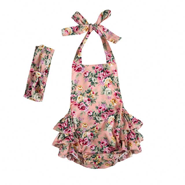 Cute Sleeveless Halter Bodysuit for Baby Girls Summer Jumpsuit Romper with Headband, Cotton Infant Outfit