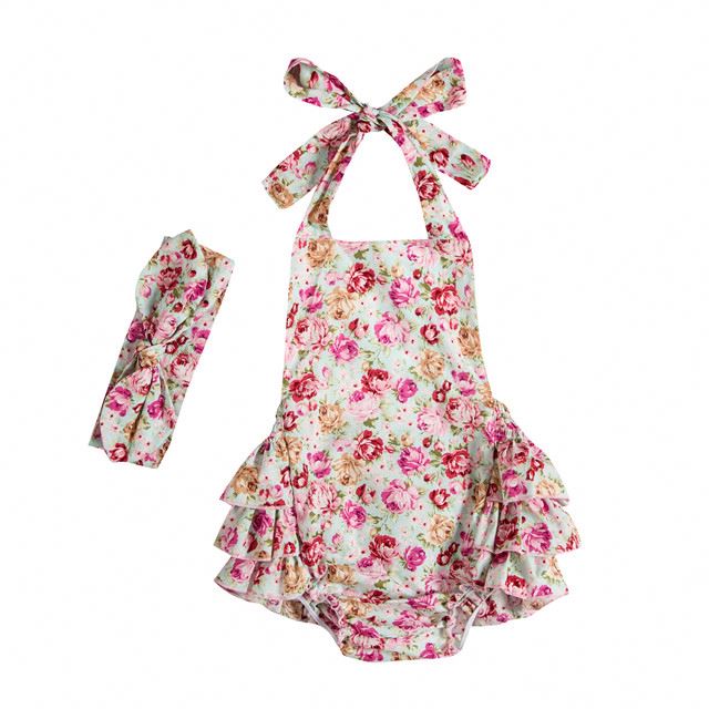 Cute Sleeveless Halter Bodysuit for Baby Girls Summer Jumpsuit Romper with Headband, Cotton Infant Outfit