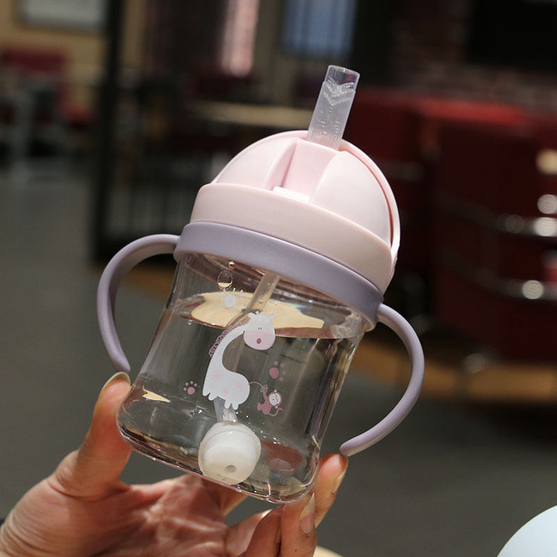 Cartoon Children's Plastic Straw Water Bottle Cup With Scale Baby Cute Drop-proof And Leak-proof Portable Water Cup With